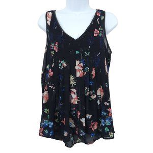 Dex Floral Tank Top Womens Size Small Sleeveless Leatherette Accents Black Blue